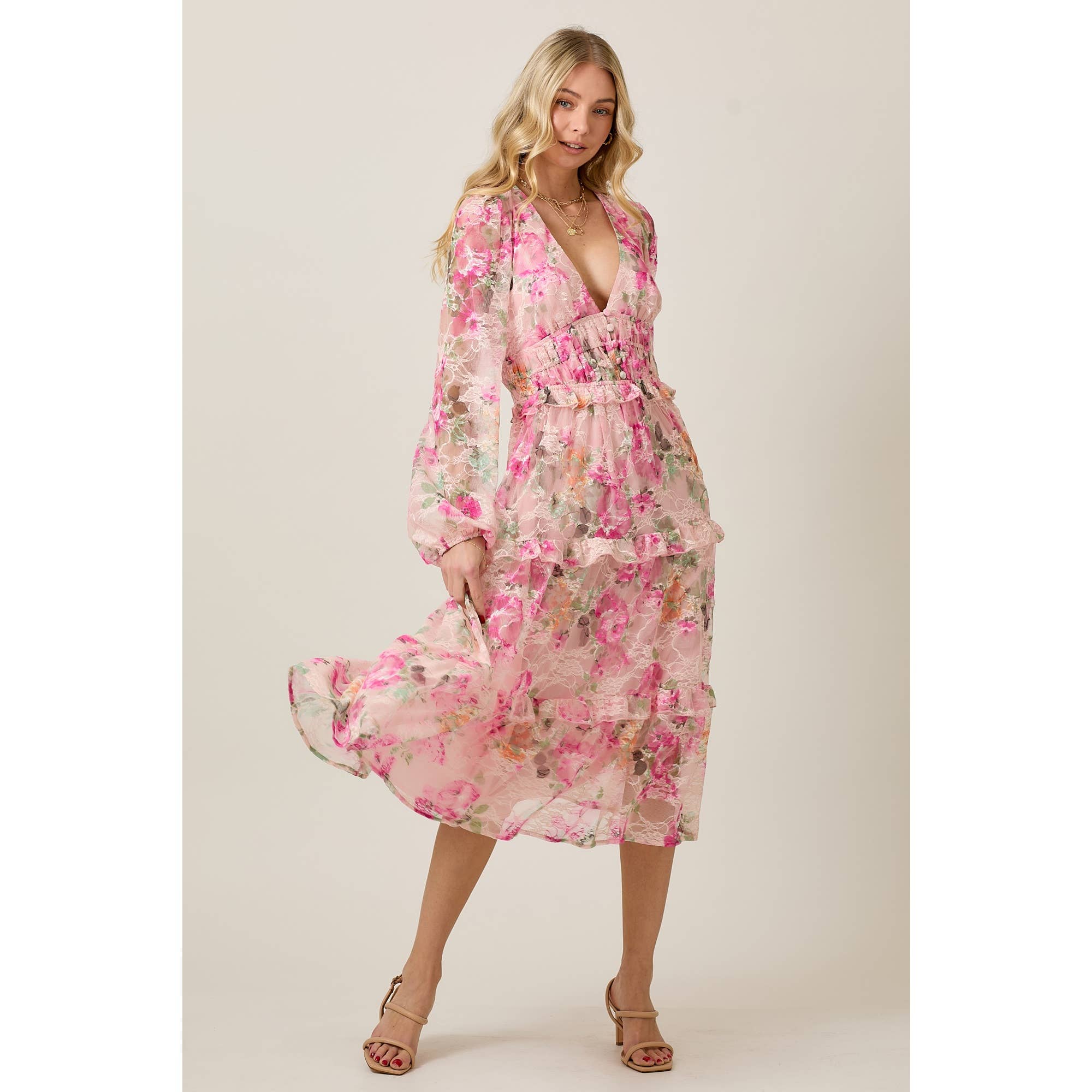 SKYLAR ROSE – wholesale Dress – Women's – FLORAL LACE LONG SLEEVE TIERED MIDI DRESS2