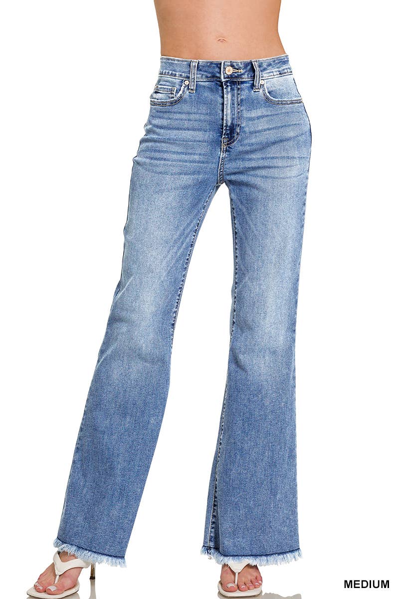 MEDIUM  `.High-rise Flare Frayed Denim Jeans Pants for wholesale on Faire1