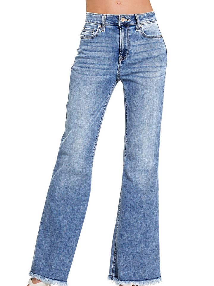 MEDIUM `.High-rise Flare Frayed Denim Jeans Pants for wholesale on Faire1
