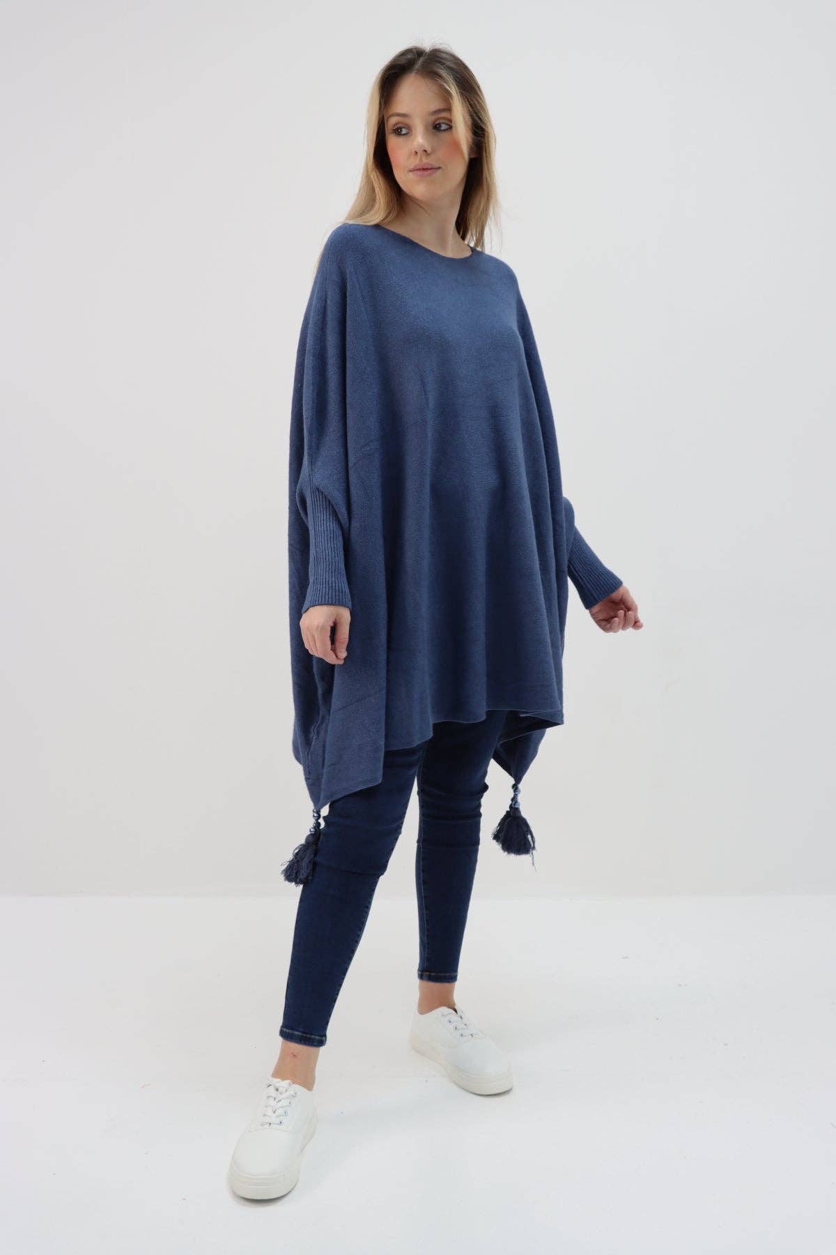 Miss Bold - Wholesale Poncho - Women's - Italian Plain Batwing Sleeves Tassels Tunic Poncho12
