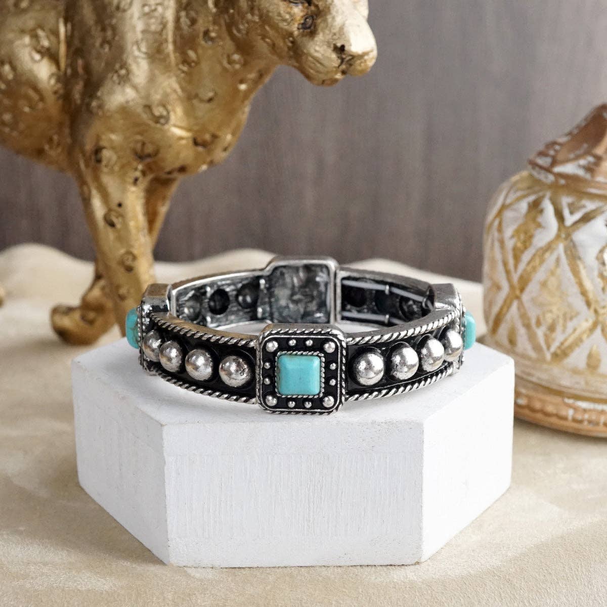 PennyLine inc - Vente Bracelet jonc - Chanson du désert – Bracelets extensibles bohèmes western avec turquoise3