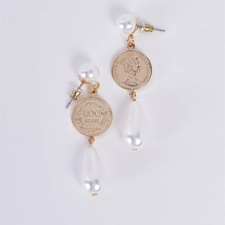 Gold Mexican Peso Coin & Pearl Drop Earrings for wholesale on Faire1