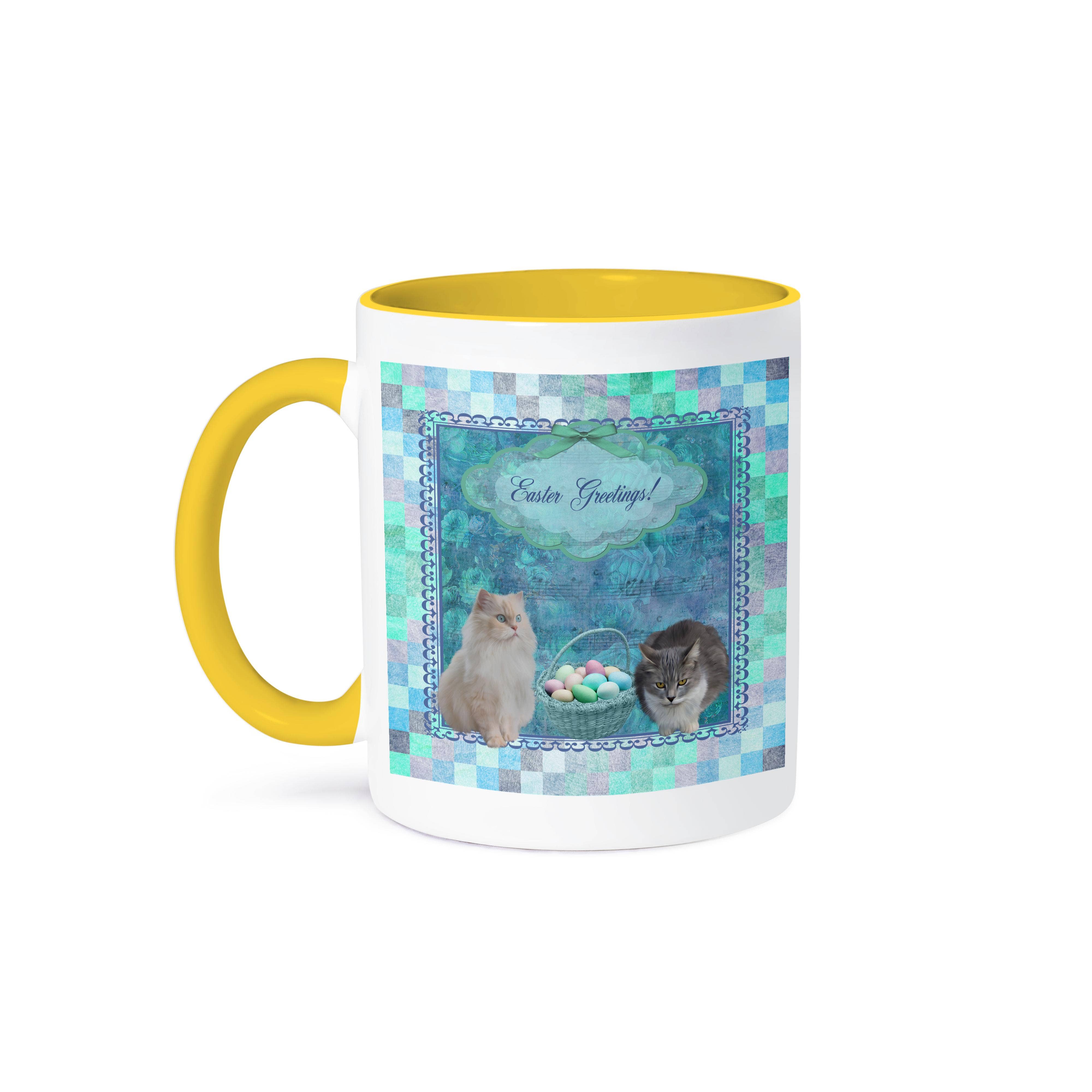 3dRose - Wholesale Coffee Mug - 3dRose, Kitty Cats with Easter Basket of Eggs on Musical Sheet Background, Aqua, Mug0