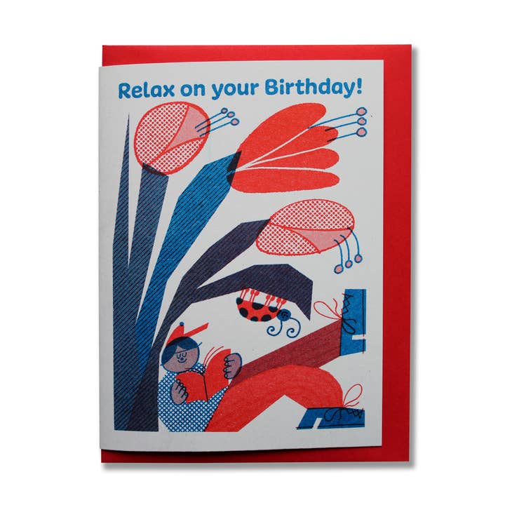 Relax on your Birthday - A6 Riso Greetings Card for wholesale by Rebecca Buchanan