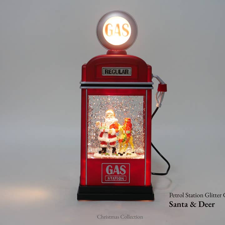 11" Lighted Petrol Station Glitter Globe - Santa & Deer for wholesale by IEGIFT
