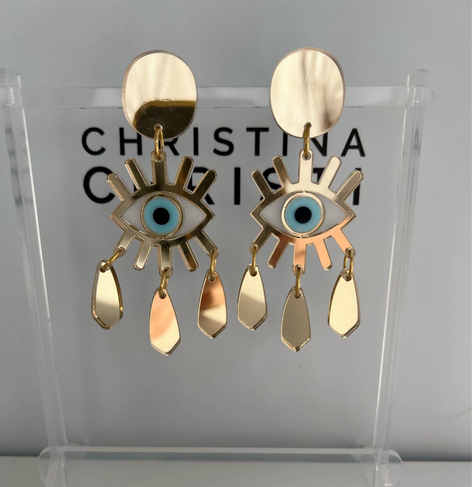 Christina Christi - Wholesale Clip-On Earrings - Gold Evil Eye Clip-On Earrings with Gold Plexiglass Designs1