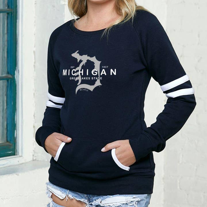 "Michigan D Established 1837" Women's Varsity Fleece Crew Sweatshirt for wholesale by LIVNFRESH