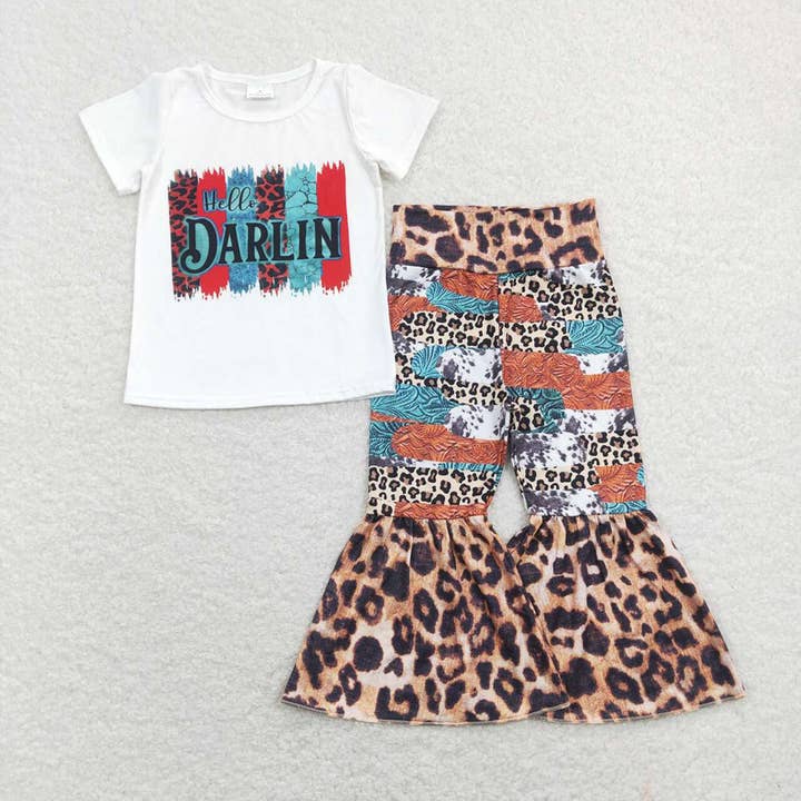 T-shirts Hello Darlin pour bébés filles Top Leopard Bell Pants Ou pour la vente par Aier Wholesale