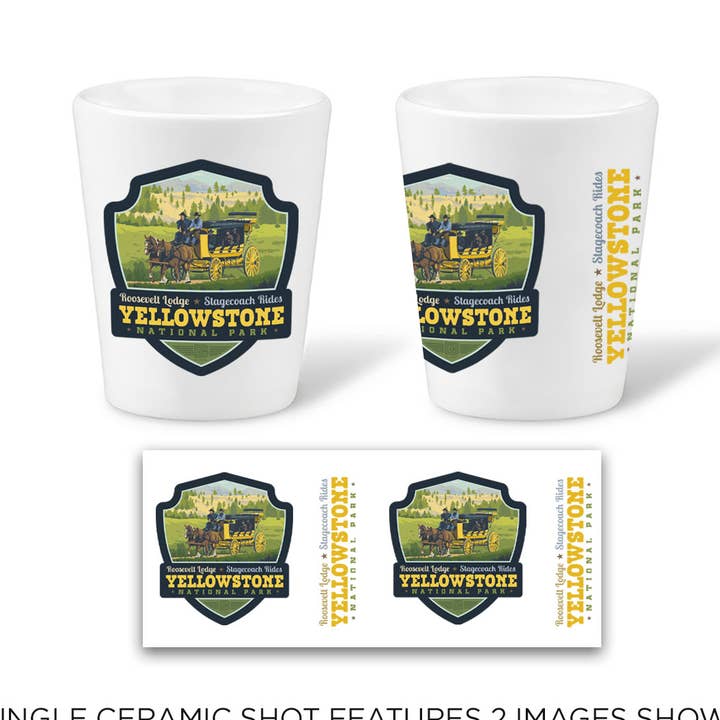 Tourist Courts - Wholesale Shot Glass - Yellowstone NP Stagecoach Emblem Ceramic Shot Glass0