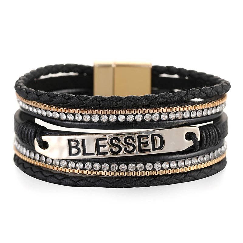 Mio Queena - Wholesale Bangle Bracelet - BLESSED Multi-Layer Leather Bracelet Magnetic Buckle Bangle0