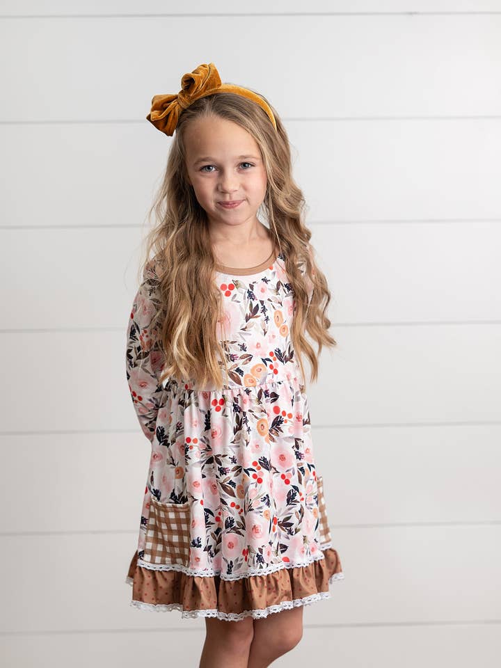Girls Brown Check Pocket Fall Floral Dress With Cross Back for wholesale by Adorable Sweetness