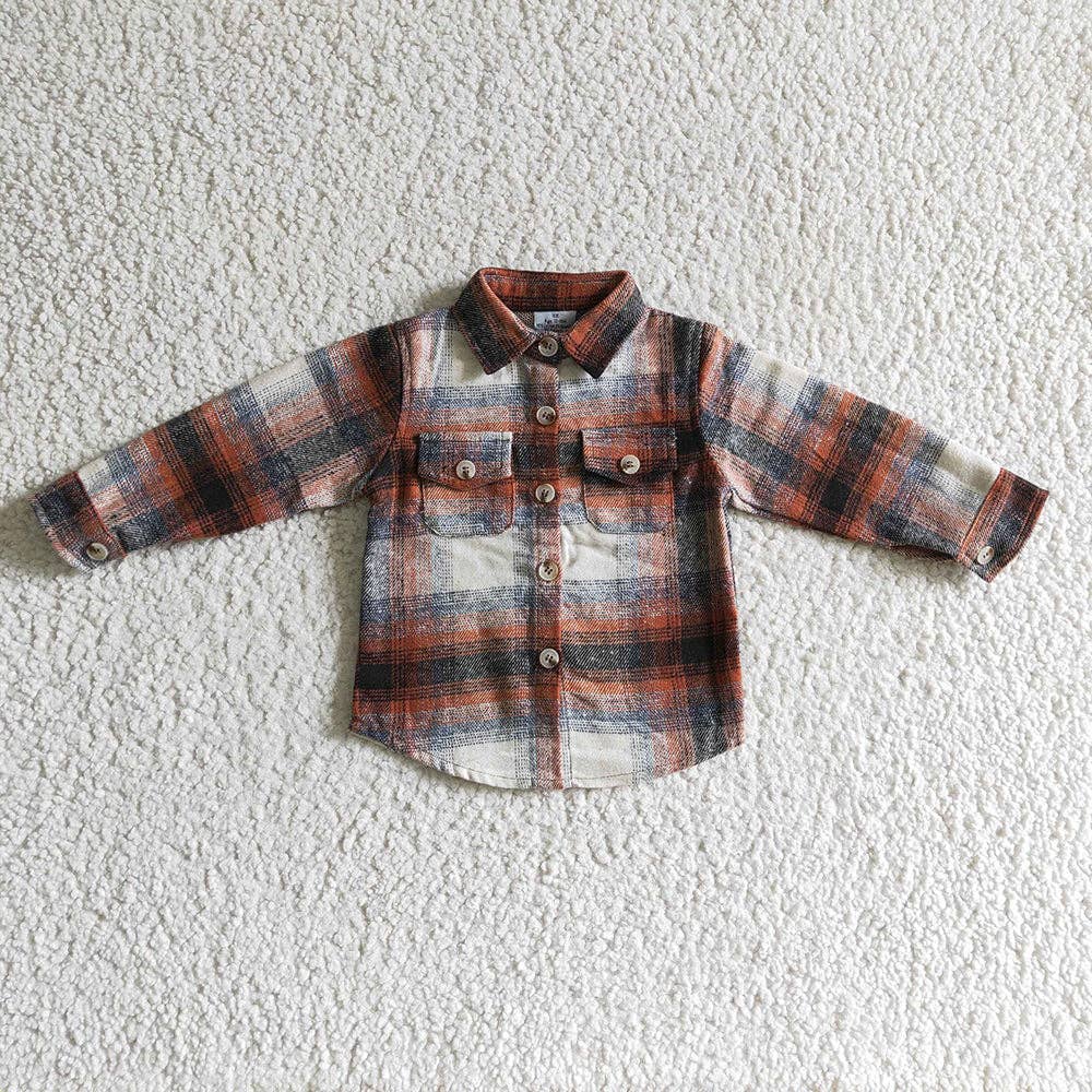 Aier Wholesale - Wholesale Button Down Shirt - Kids - Baby Boys Orange Plaid Long Sleeve button ups Flannel shirts tops1