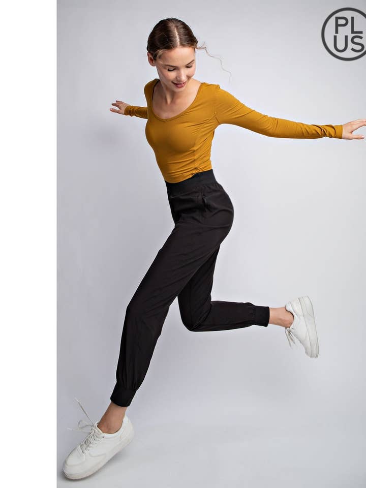 PLUS SIZE OXFORD ST WOVEN DANCE STUDIO MID RISE JOGGER PANTS for wholesale by Rae Mode
