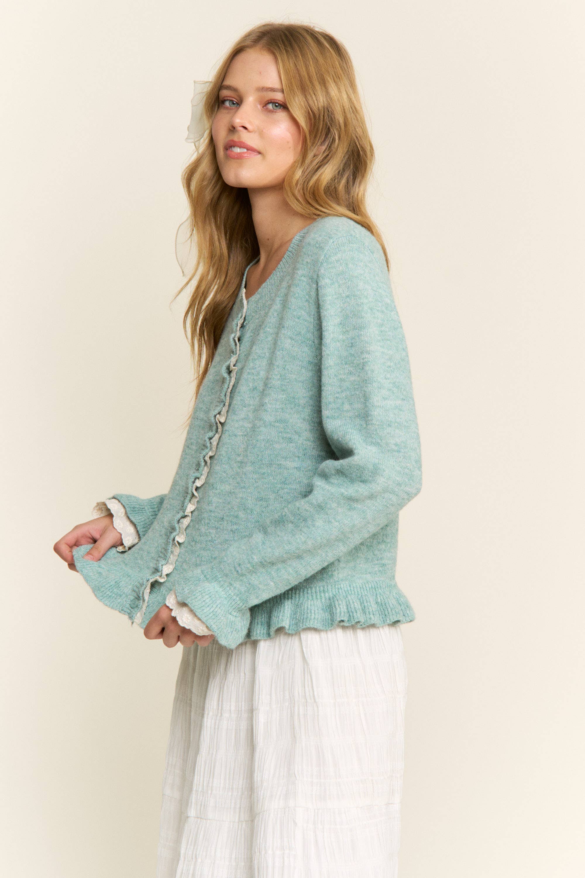 CANDESCENT - Wholesale Cardigan - Women's - Lace Trim Ruffle Hem Cardigan17