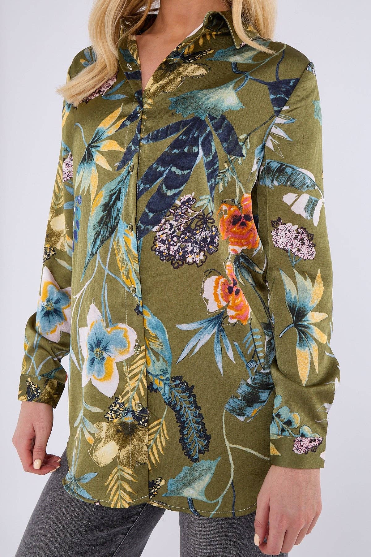 green Olive Floral Print Bubble Satin Shirt for wholesale on Faire4