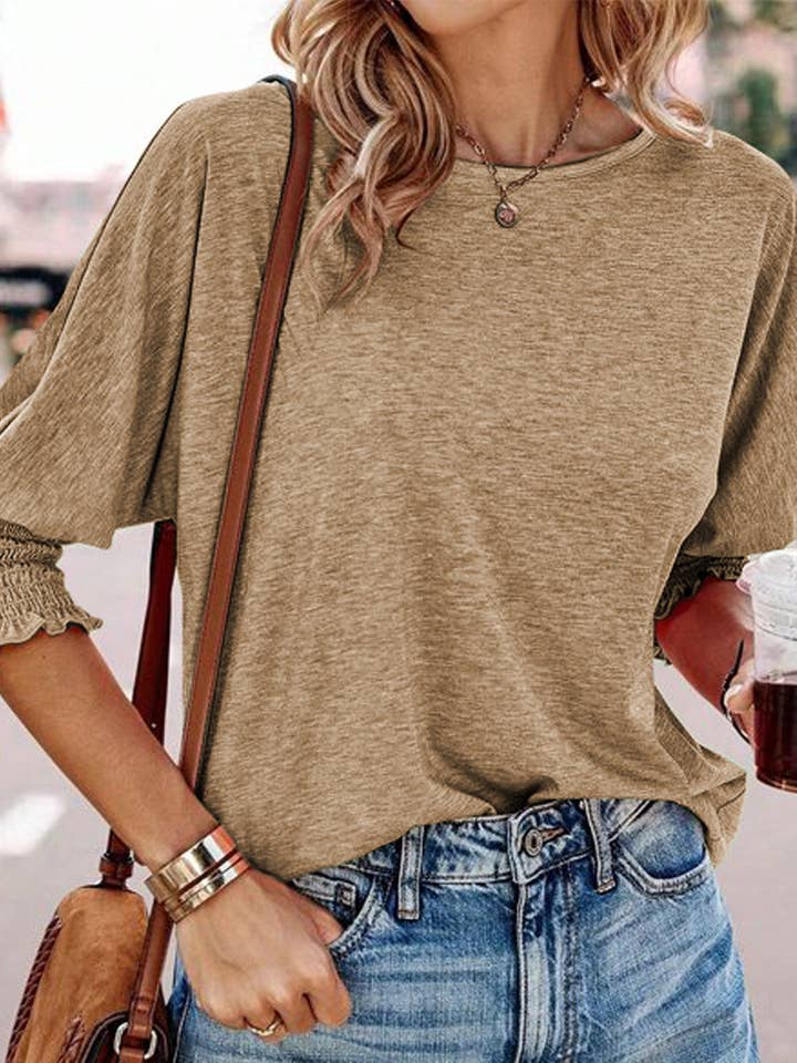 blusa holgada casual de manga 3/4 con estampado liso para venta al por mayor de EG fashion