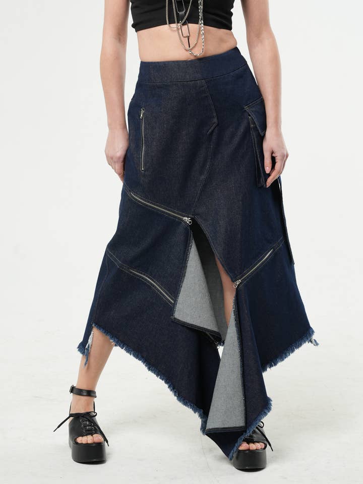Asymmetric Denim Long Skirt with Zippers for wholesale by Metamorphoza