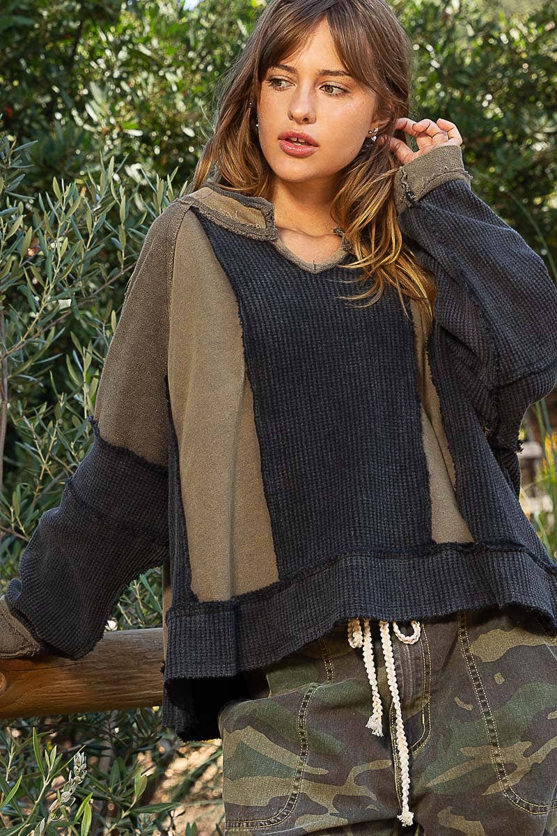 Pol Clothing - Wholesale Knit Top - Women's - Notched Neck Contrast Fabric Basic Long Sleeve Top SALE6