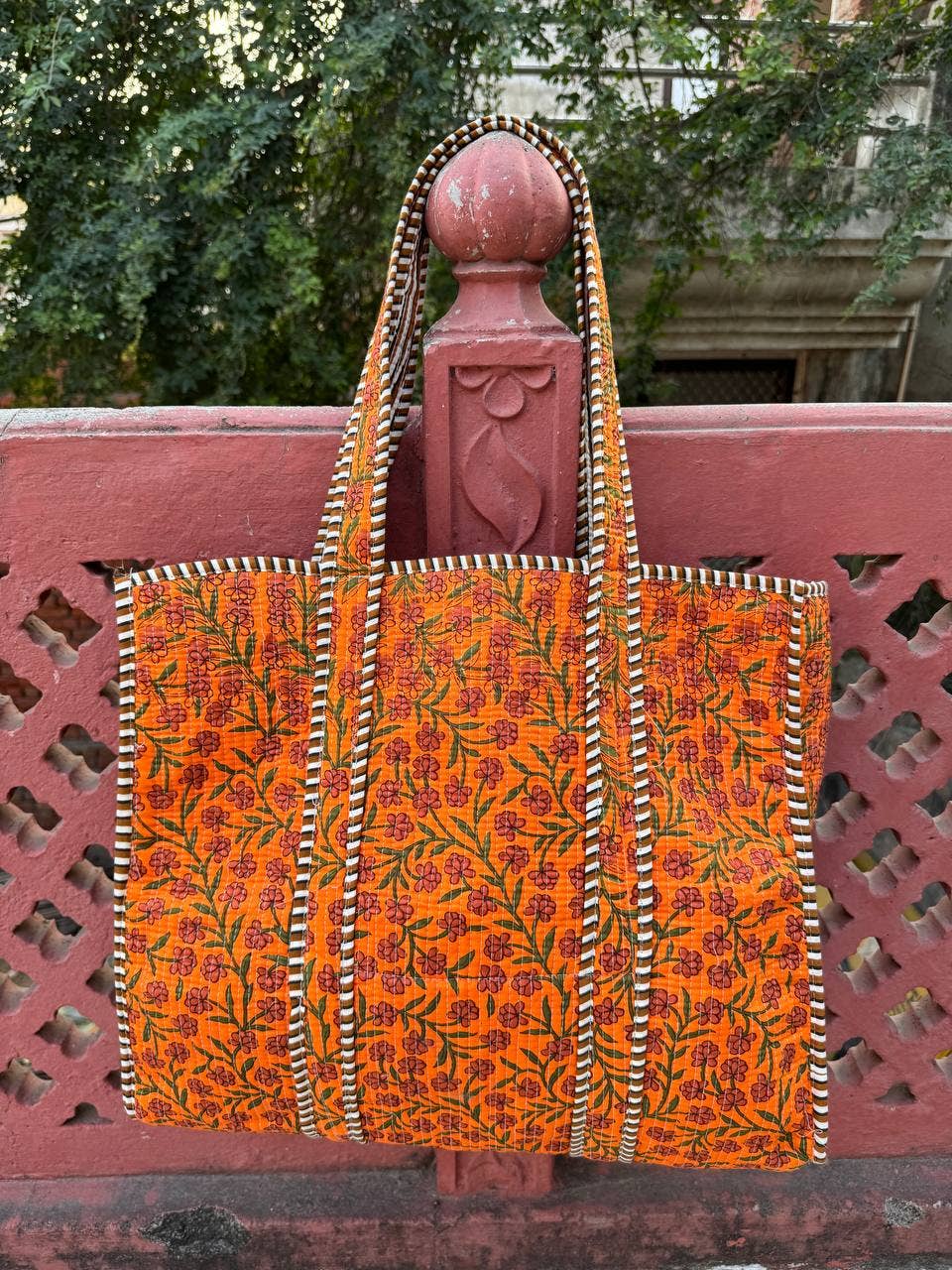 bhavnas boutique - Wholesale Tote Bag - Women's - Orange Cotton Quilted Bag Small Floral Printed Shoulder Bags0