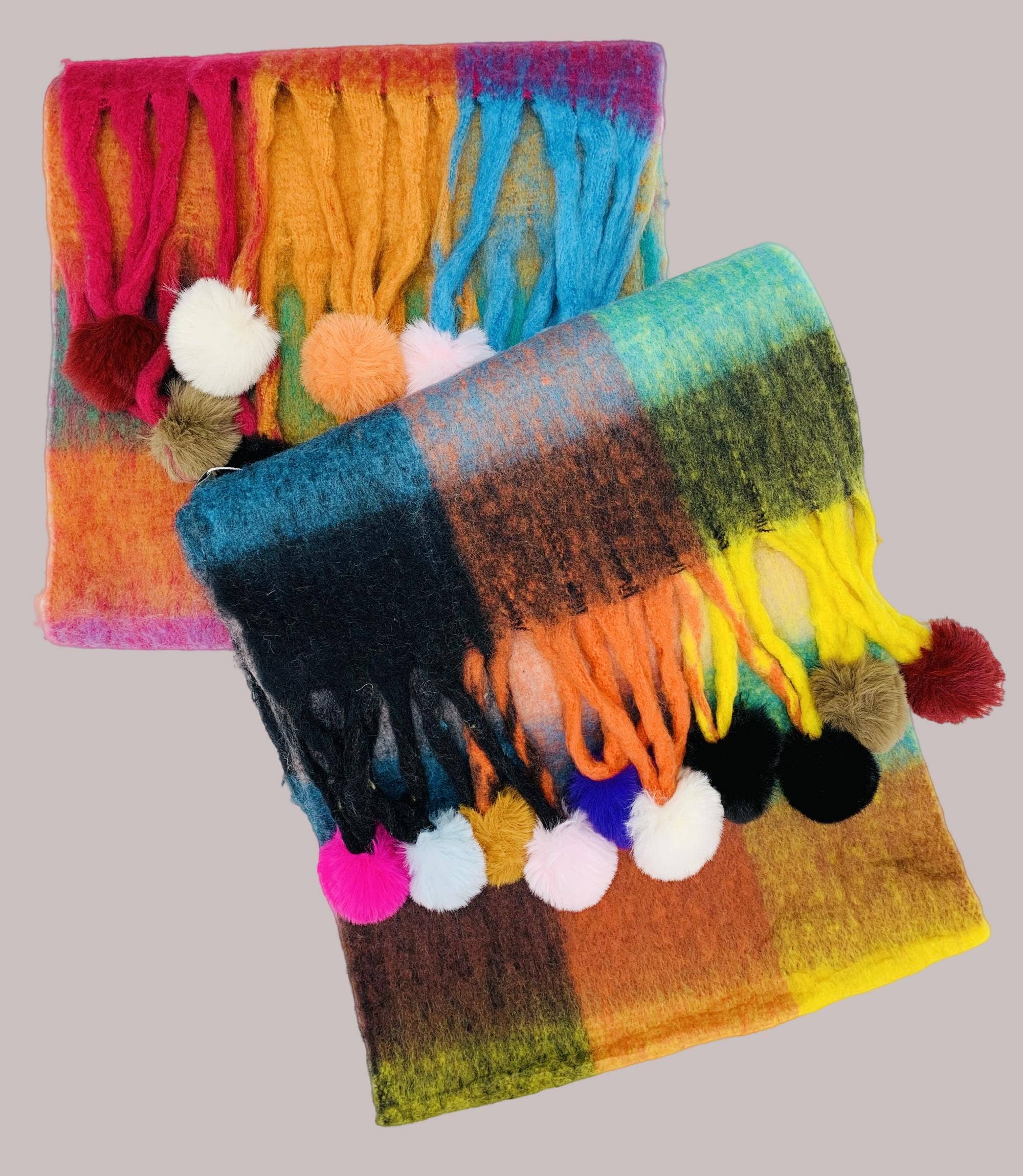 JC Sunny Fashion – wholesale Scarf – Women's – JC023504 Colorful Plaid Fuzzy Pompom Scarf9