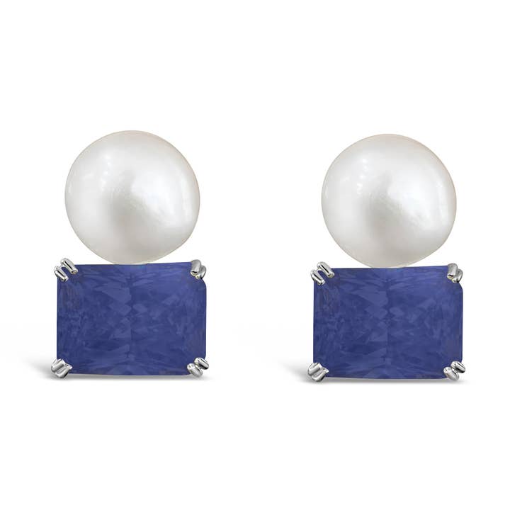 Stor knap perle & simuleret safir kanariefugl Omega tilbage Stud Øreringe for engroshandel hos Barrocos