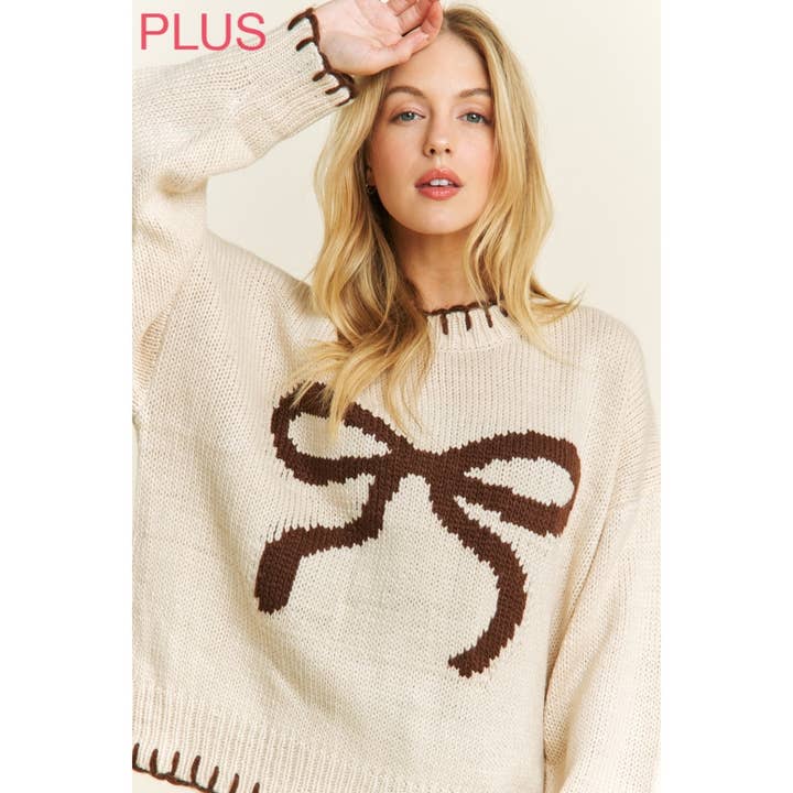 Sweet Generis - Wholesale Knit Sweater - Women's - PLUS HOLIDAY BIG BOW SWEATER PULLOVER WITH CONTRAST EDGE STI2