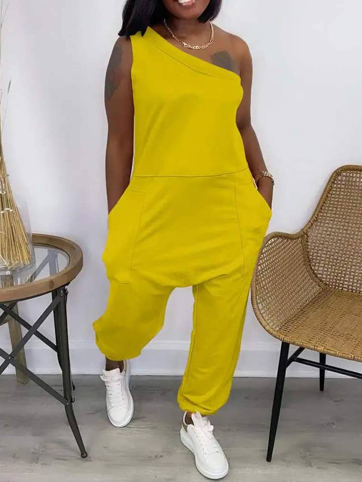 macacão casual com design de bolso de um ombro por atacado de Queen Fashion