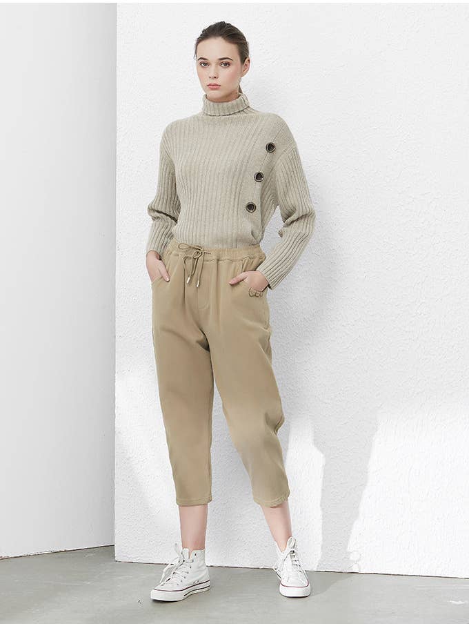 Khaki Elasticated Drawstring Waist Slim Carrot Beige Vertical Striped Wide Leg Casual Trousers for wholesale on Faire