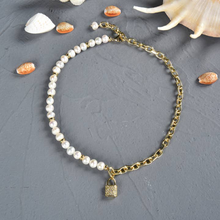 CZ Charm Paperclip Chain & Pearl Necklace for wholesale by IST Jewelry