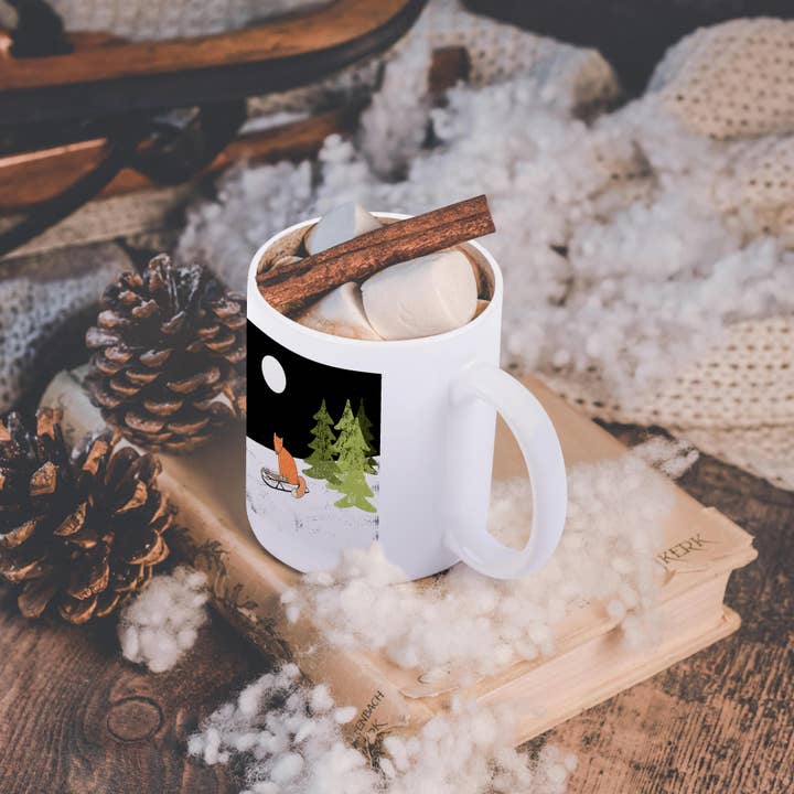3dRose - Wholesale Coffee Mug - 3dRose, Fox animal Winter sledding forest snow night illustration , Mug11