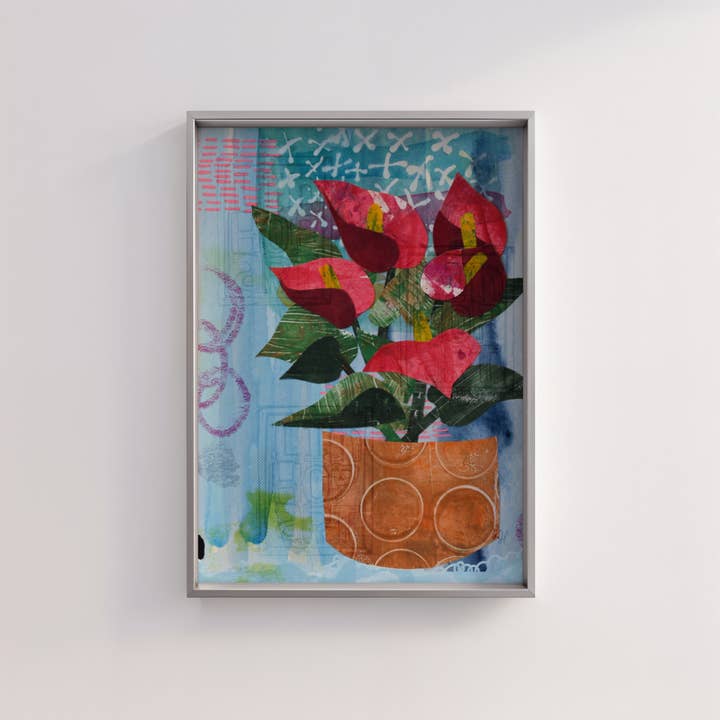 Anthurium Plant: Mixed Media Collage- Fine Art Print for wholesale by LinHopArt