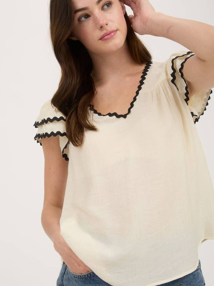 Blu Pepper - Wholesale Blouse - Women's - V NECK WAVY TRIM RUFFLE SLEEVE TOP
