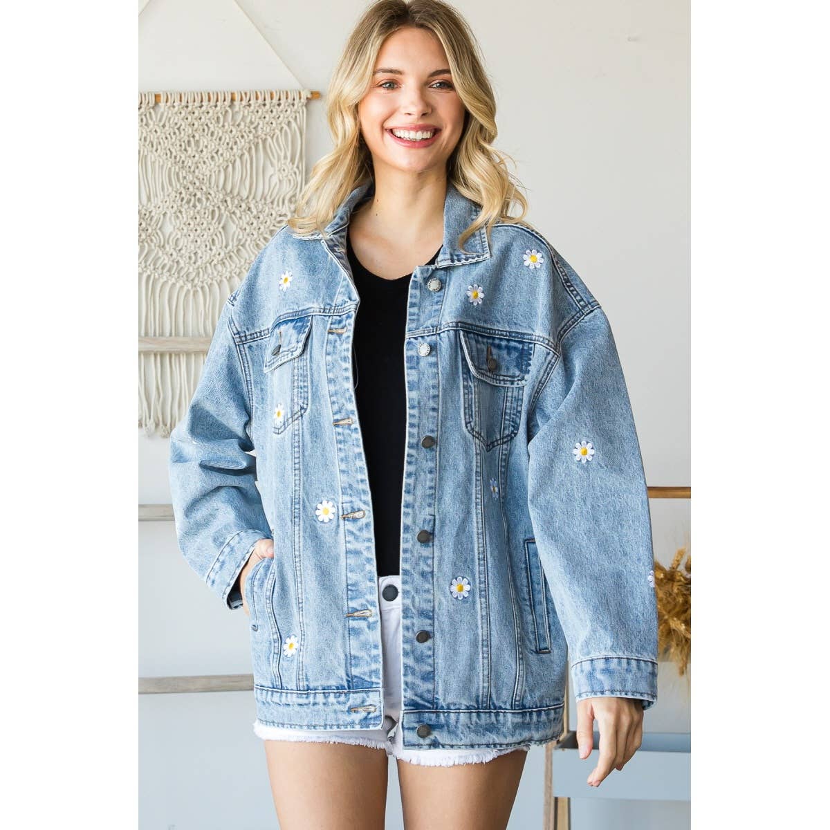 Med Wash Embroidered Floral Overszie Denim Jacket for wholesale on Faire1