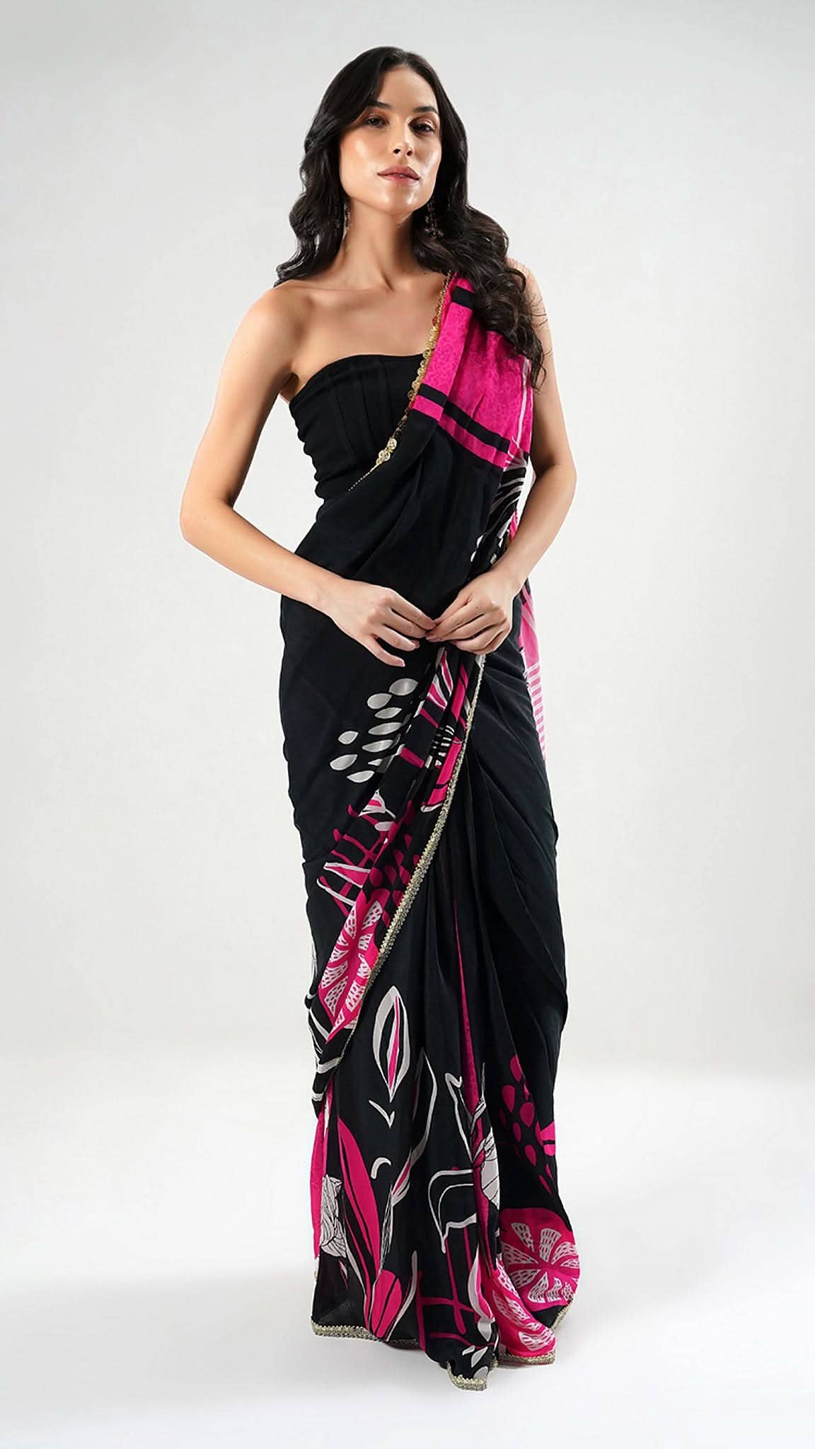Black Nesavaali Mithra Pre-Stitched Printed Saree - Effortless Elegance for wholesale on Faire3