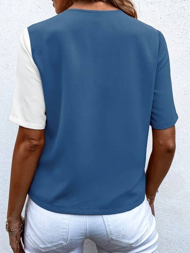 UNISHE - Wholesale Button Down Shirt - Women's - V Neck Buttoned Color Block Top AXR0187