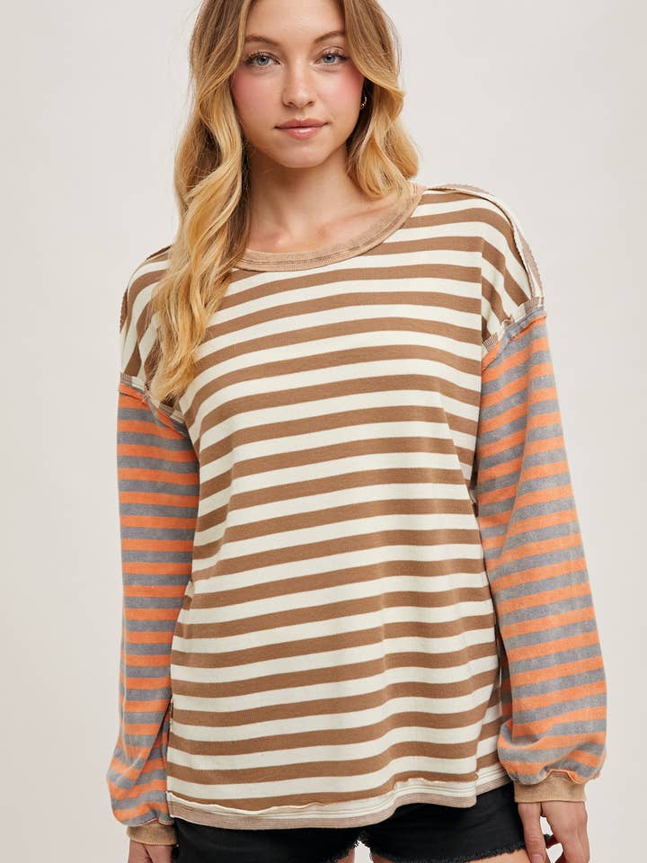 Bluivy - Wholesale Knit Sweater - Women's - STRIPE CONTRAST EXPOSED SEAM LOOSE FIT KNIT PULLOVER