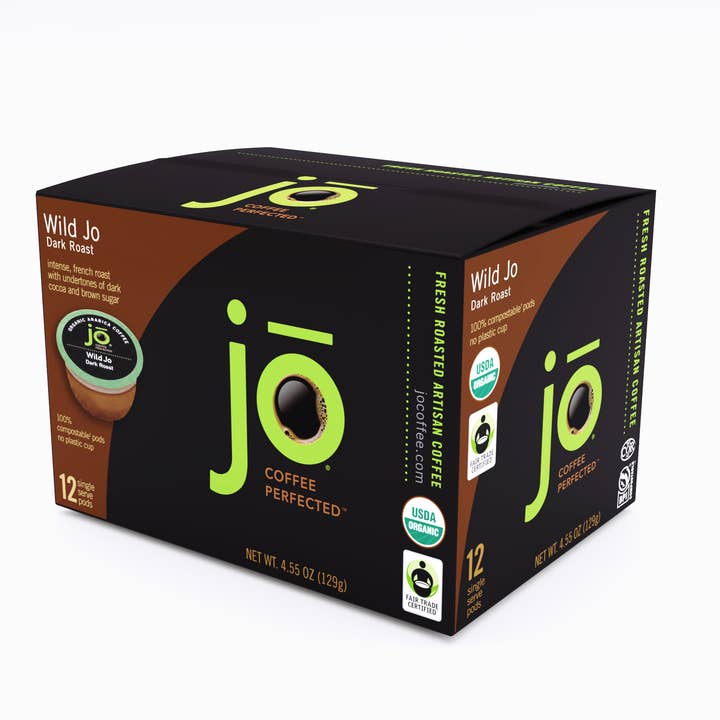 WILD JO: 12 Cup Organic Dark French Roast Compostable Pods for wholesale by Jo Coffee