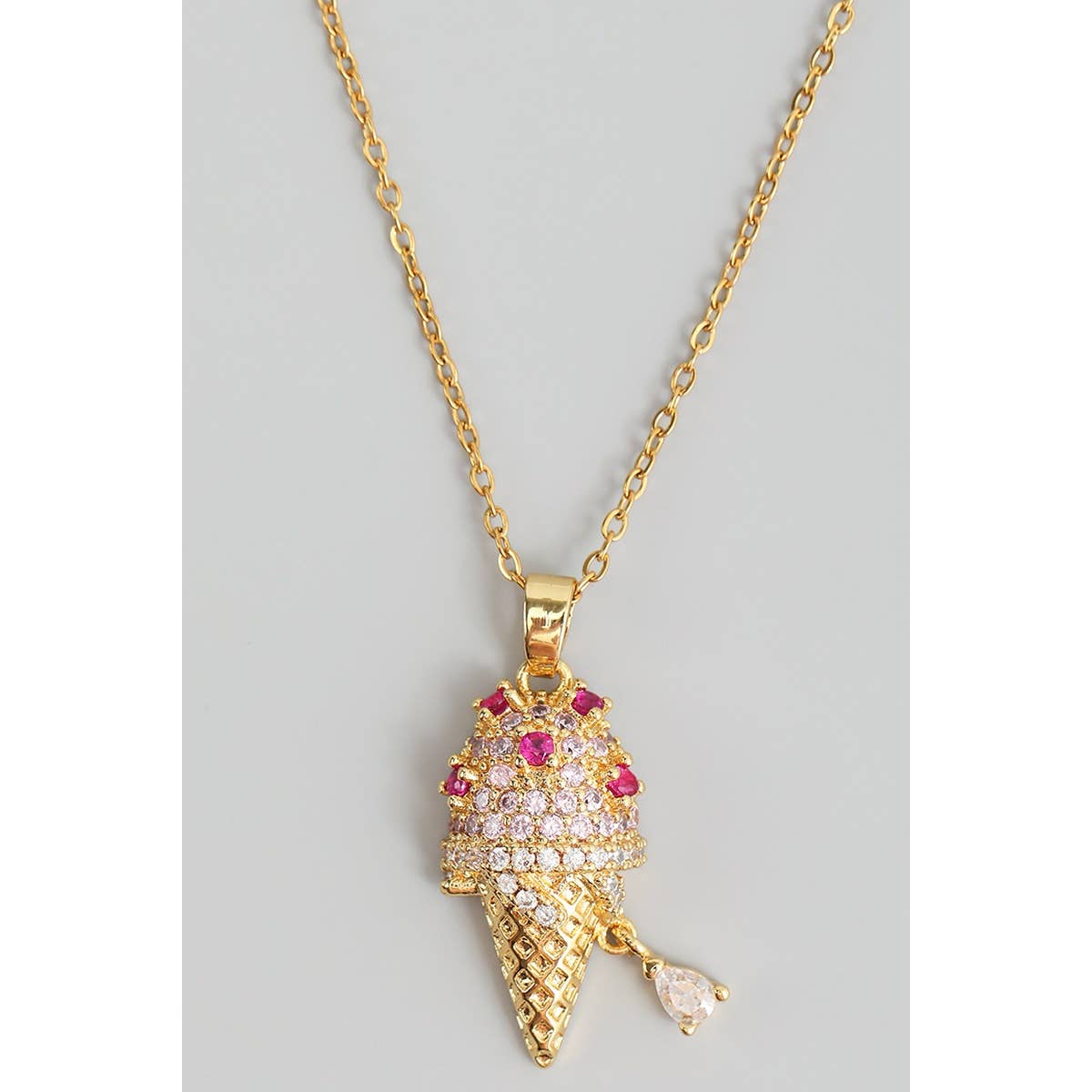 Girly - Wholesale Link & Chain Necklace - STAINLESS ICED OUT ICE CREAM CONE PENDANT NECKLACE1