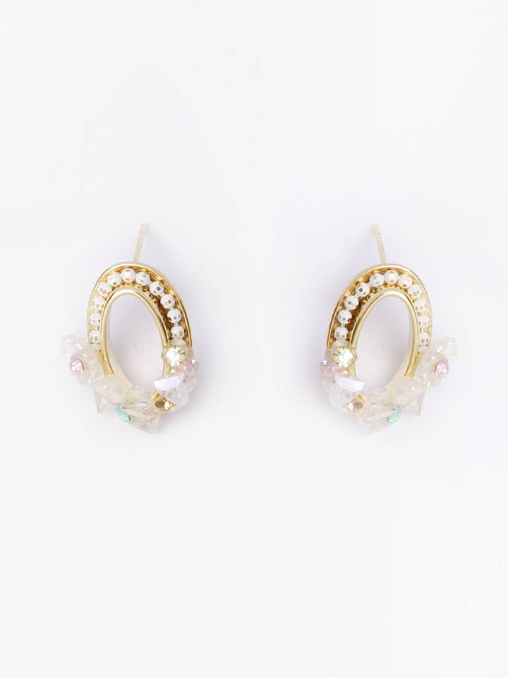 Gold and Pearl Flower Open Stud Earrings for wholesale by CUBIC