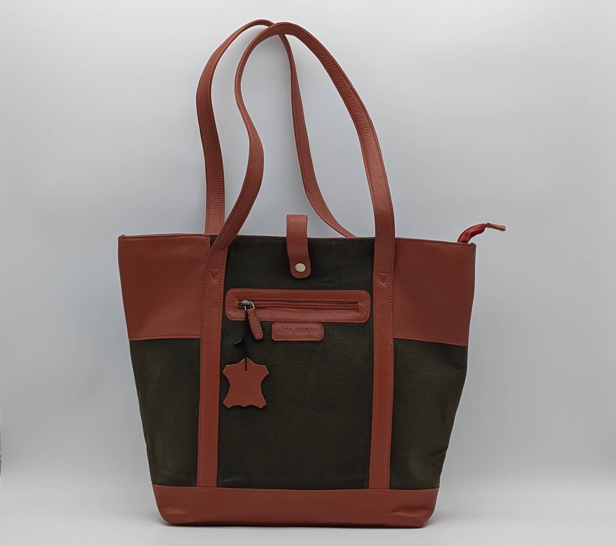 Alta Quero - Wholesale Tote Bag - Women's - Genuine Leather & Canvas Tote Bag – Green Brown Laptop & Tab4