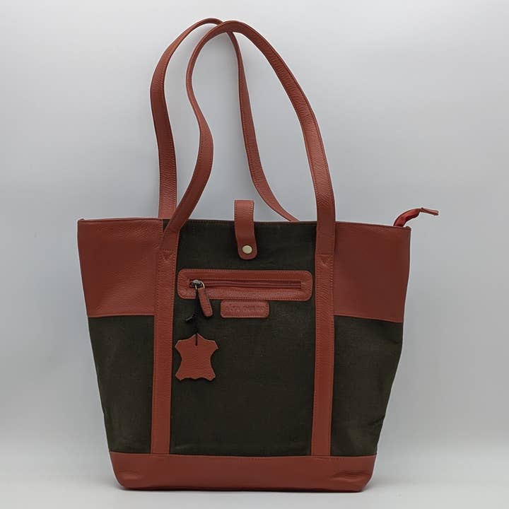 Alta Quero - Wholesale Tote Bag - Women's - Genuine Leather & Canvas Tote Bag – Green Brown Laptop & Tab4
