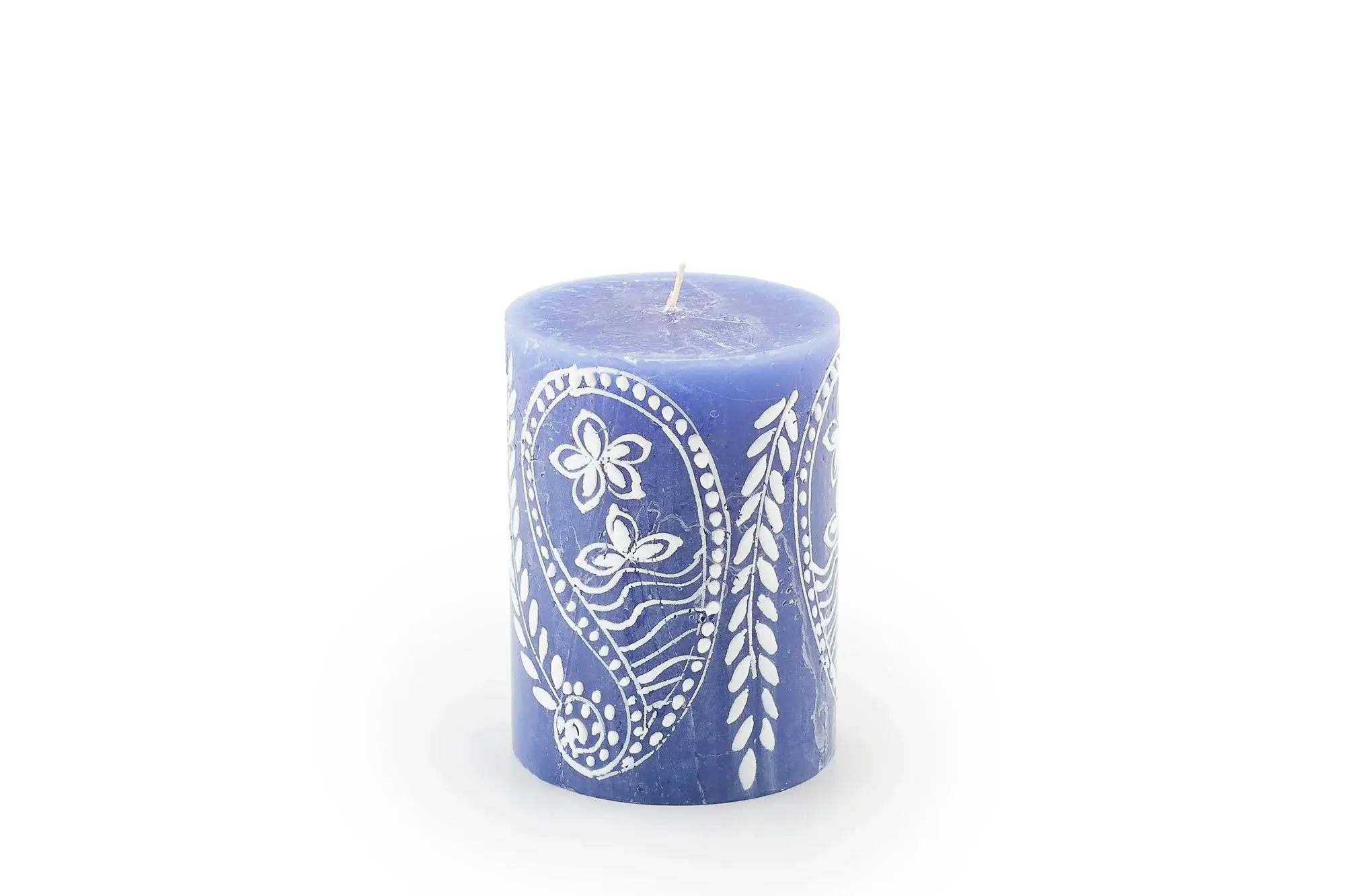 Thumbprint Artifacts - Wholesale Tapered Candle/Candlestick - Henna White on Blue Candle1