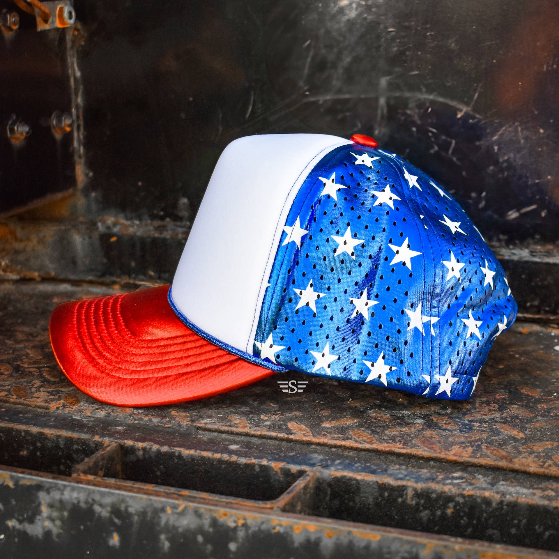 Flying S Company - Wholesale Ponytail Cap - Women's - Patriotic Metallic Magna Pony™ Mesh Foam Laser Cut Back Trucker Hat1