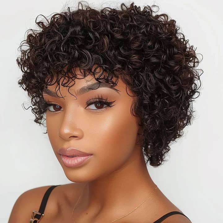 Brazilian Afro Kinky Curly Pixie Bob Wig with Bangs - 99J Burgundy Short Human Hair Wig for wholesale by Hair Imports NYC