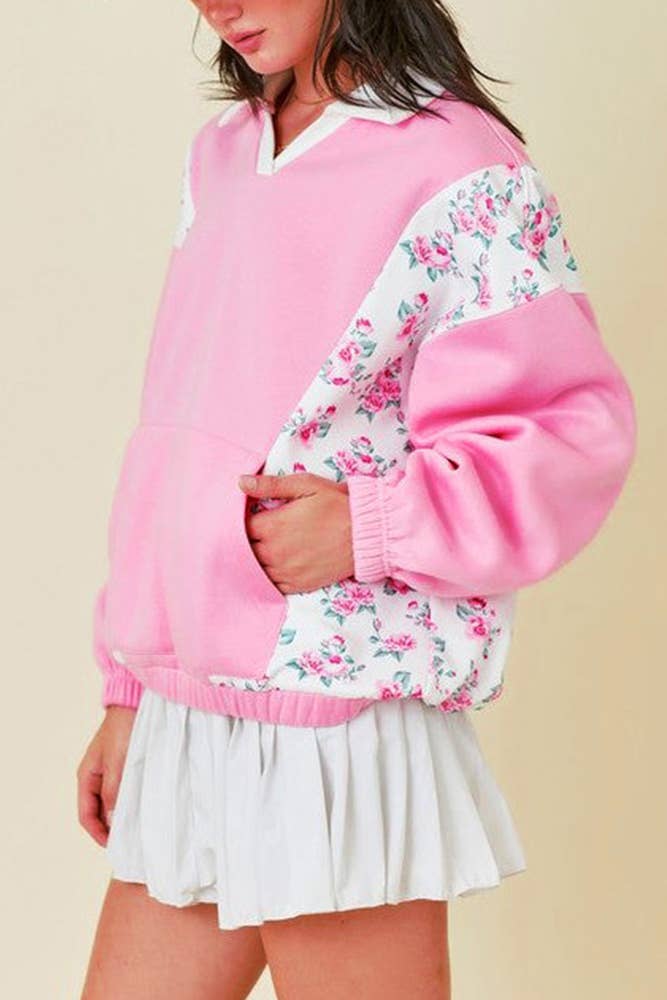 Rosa Blommiga lapptäckfickor Stående krage Pullover Top CY170 för wholesale på Faire5