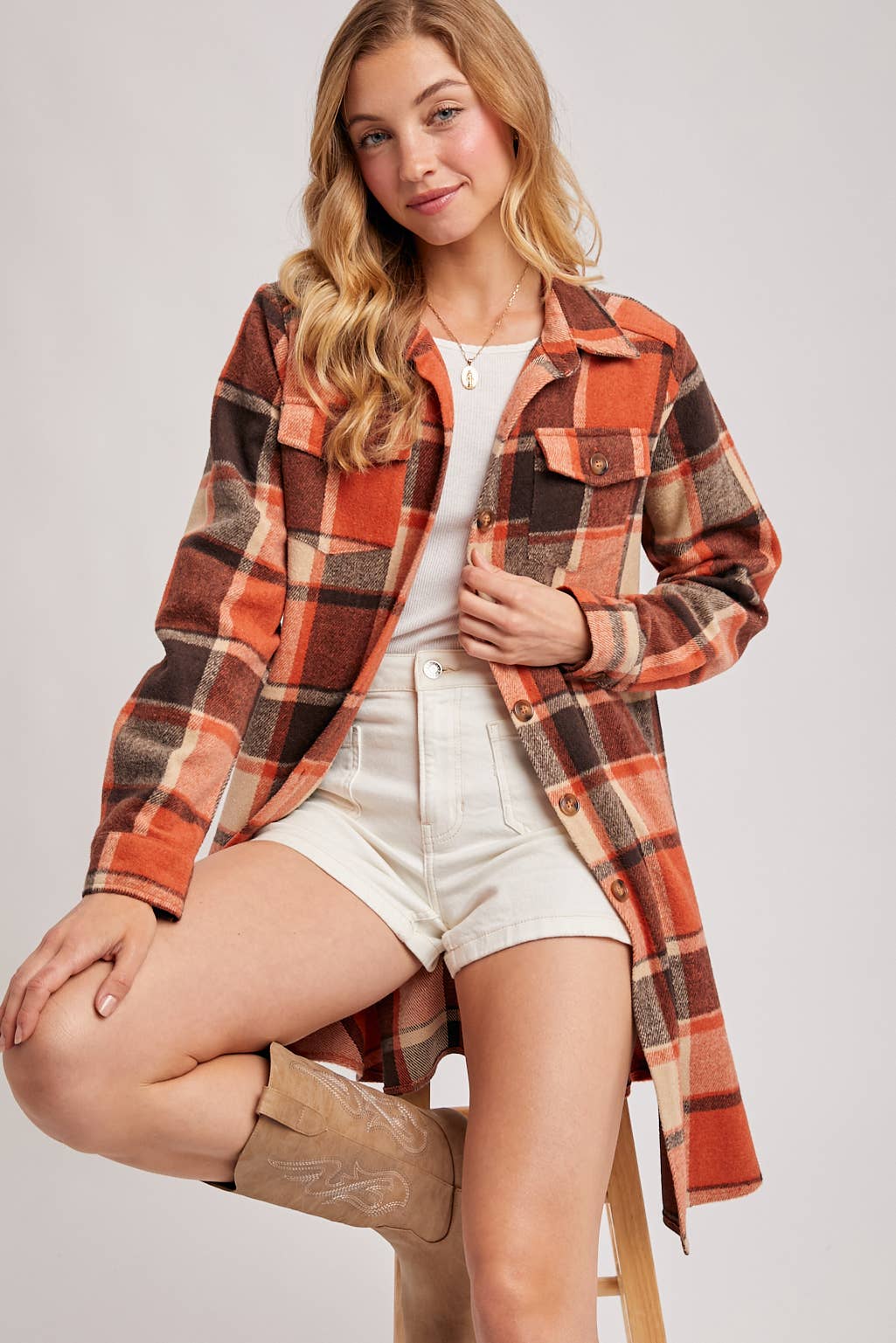 Bluivy – Engroshandel Skjortejakke/shacket – til kvinder – FLANNEL PLAID LANGLINE SHACKET43