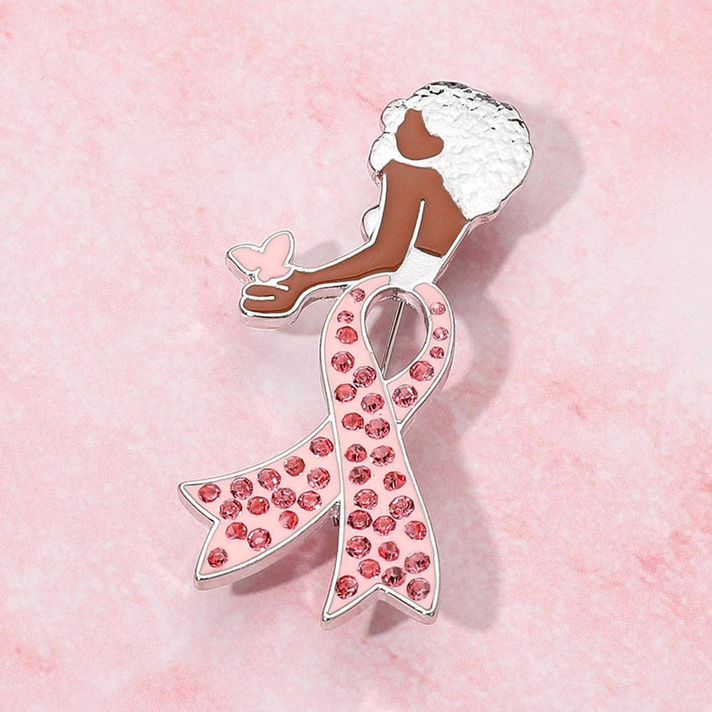Sensibling Corp. - Wholesale Brooch - Stone Paved Pink Ribbon Enamel Afro Woman Pin Brooch1