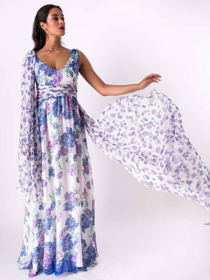 Vestido longo império em creponette de seda com fenda e estola por atacado de IDDA