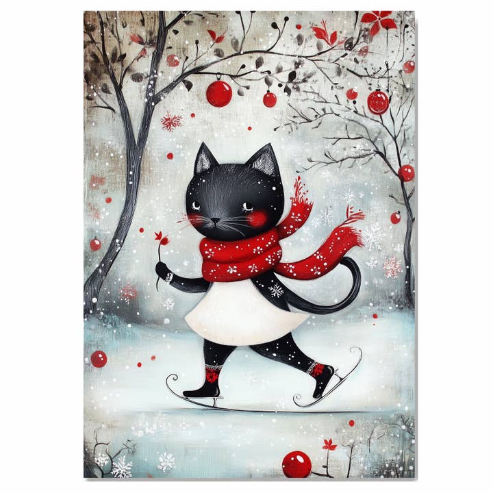 Black Cat Skating with Red Scarf Snowy Forest Scene Canvas for wholesale by Art Paradise Studios