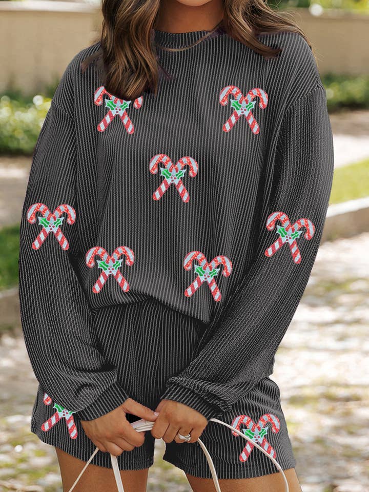 Ensemble 2 pièces LDC Holly Candy Cane à manches longues et short pour la vente par Little Daisy Closet